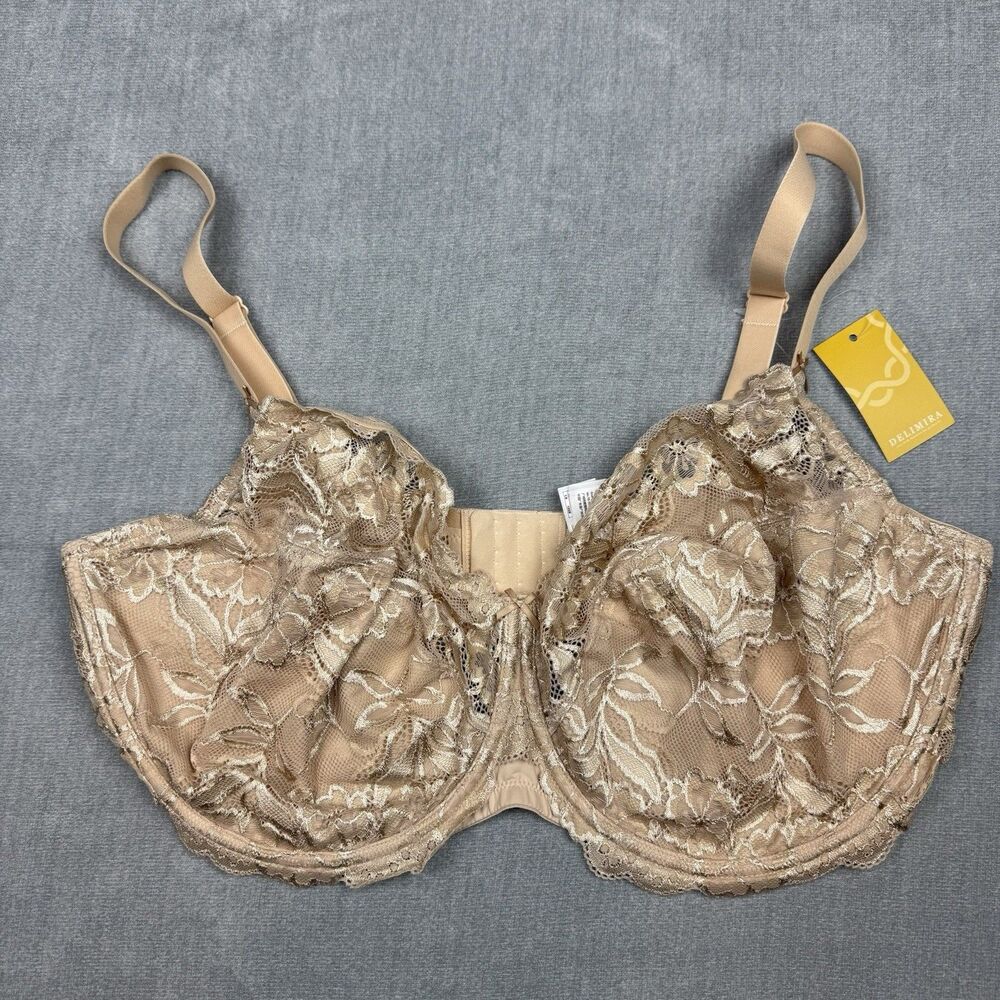 Delimira Lace Stylish Underwire Bra Floral Beige Womens Size 44G NWT
